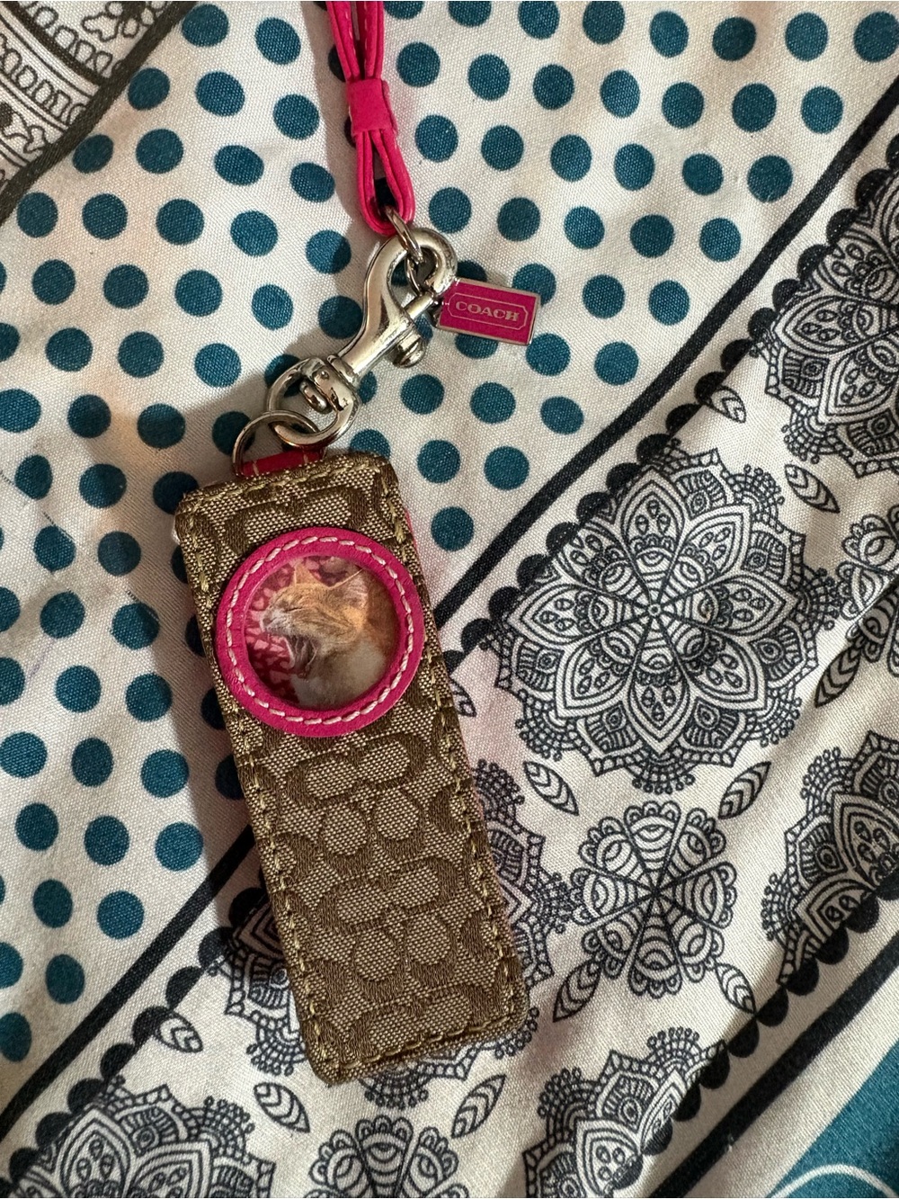 Coach Brown Signature iPod Shuffle Case with Hot Pink Trim ~ Turned Photo Charm